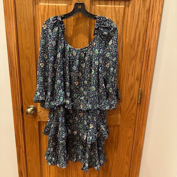 Tory Burch 100% Silk 3-Tier Navy Soleil Ruffle Dress, Size 12 - Picture 3 of 10